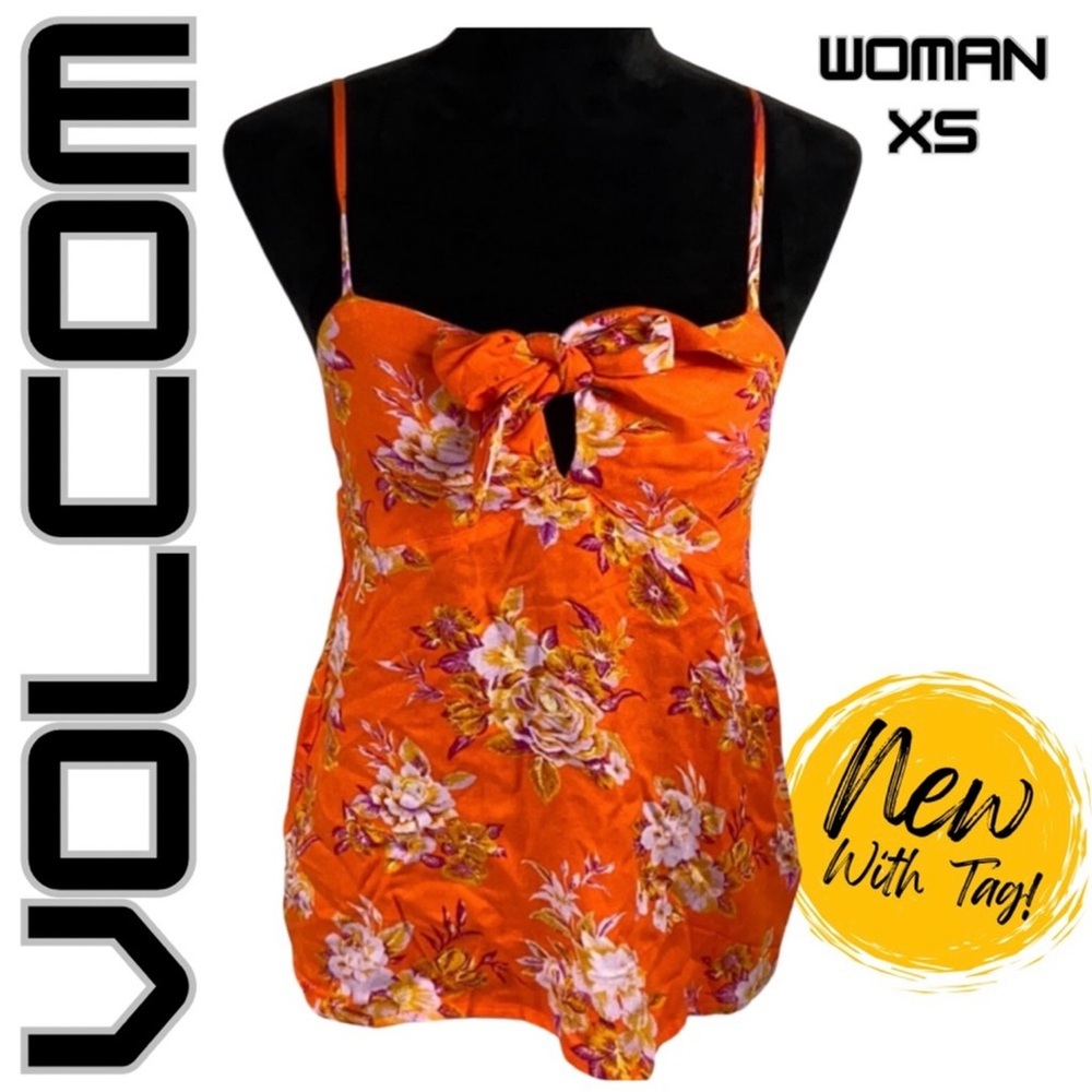 NWT VOLCOM Orange Floral Adjustable Spaghetti Strap Tank Size Woman XS